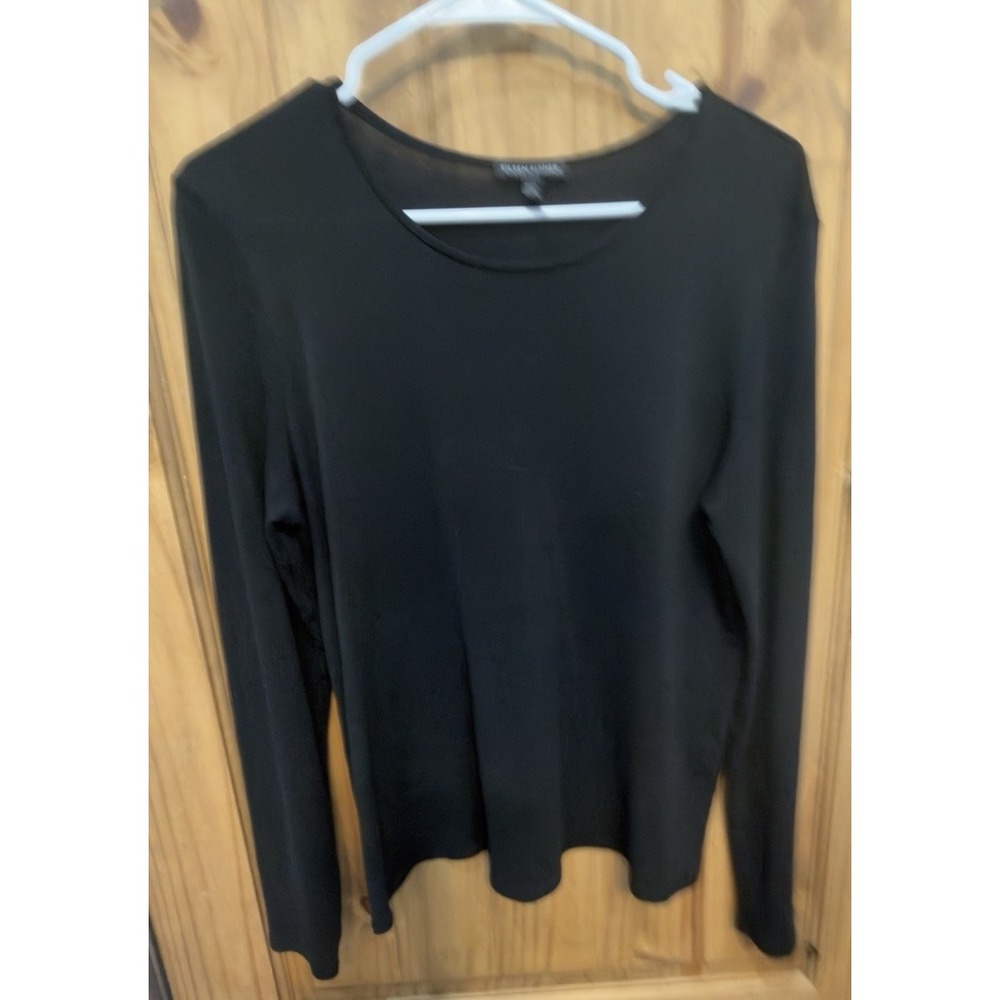 Eileen Fisher Women's Large Black Sheer Back Long Sleeve Scoop Neck Top Silk